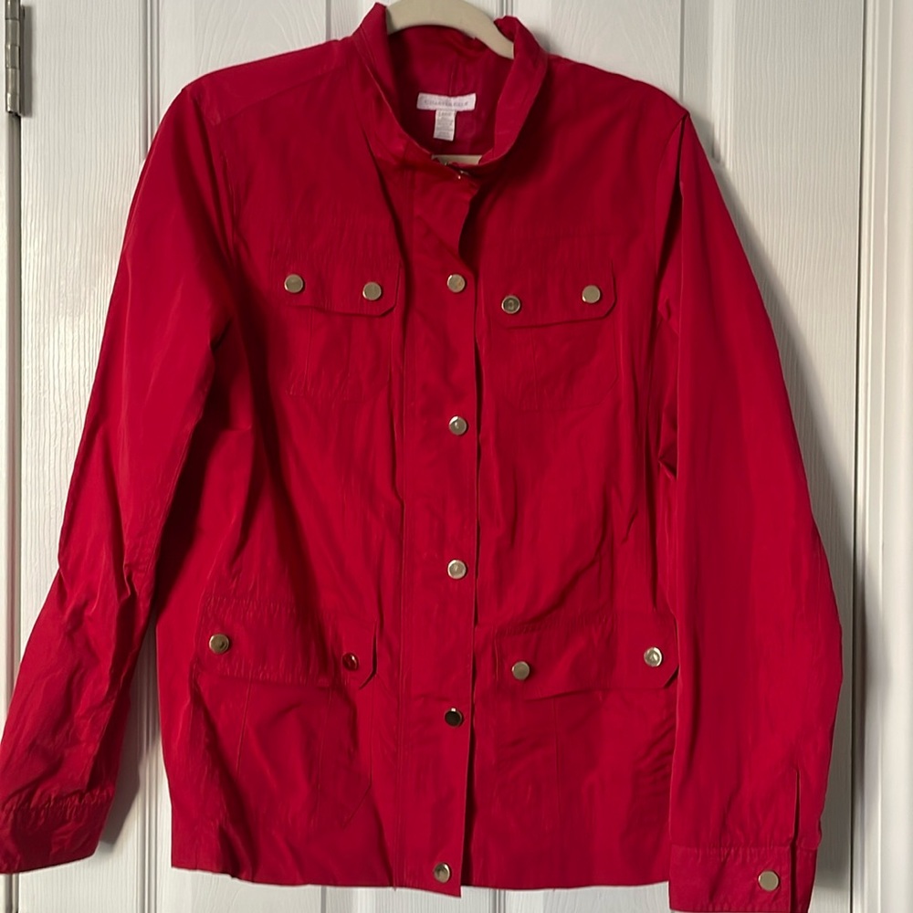 Charter Club jacket water proof material Red with Gold buttons Zipper front